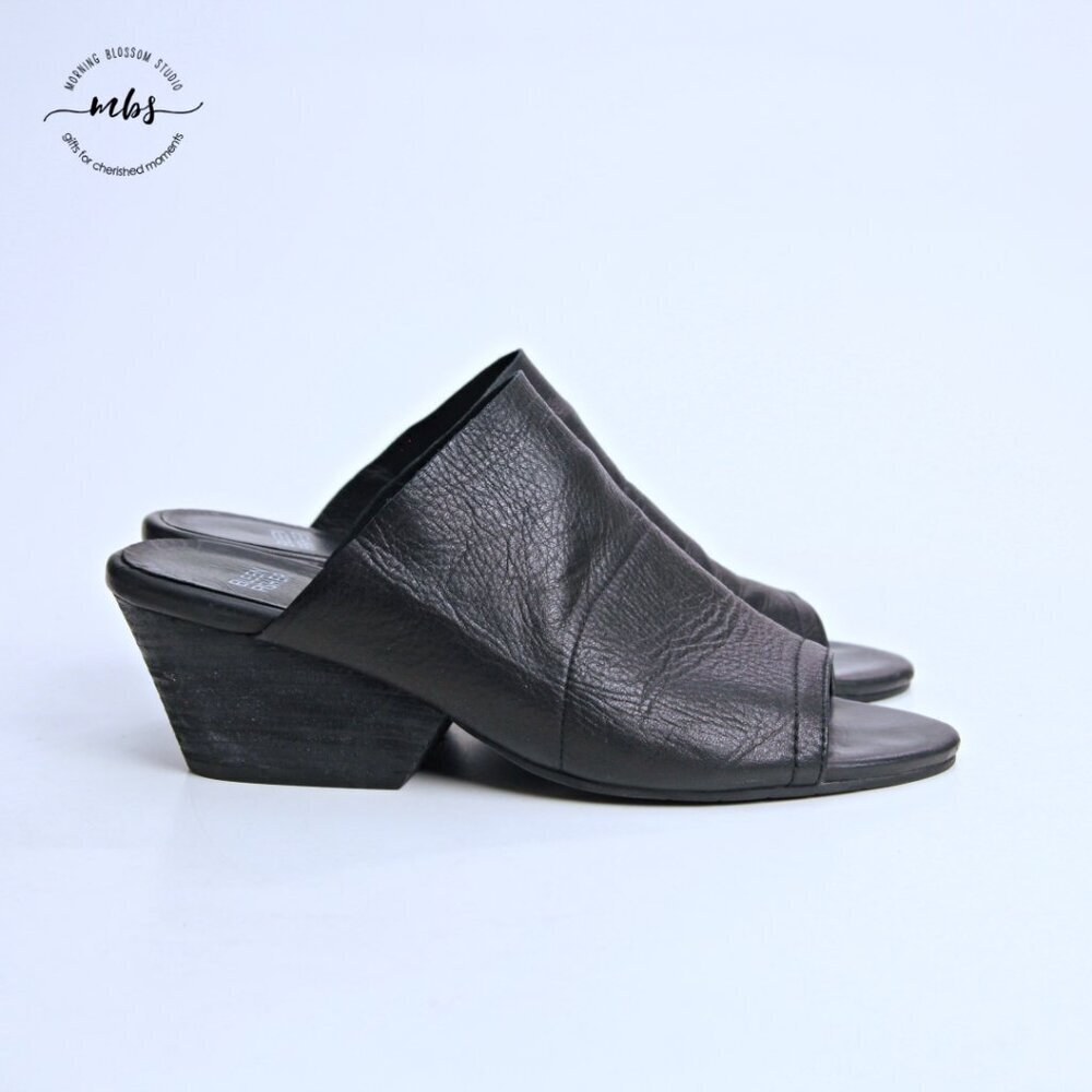 Eileen Fisher Juju Tumbled Open Toe Leather Sandals‎ Black Women 8